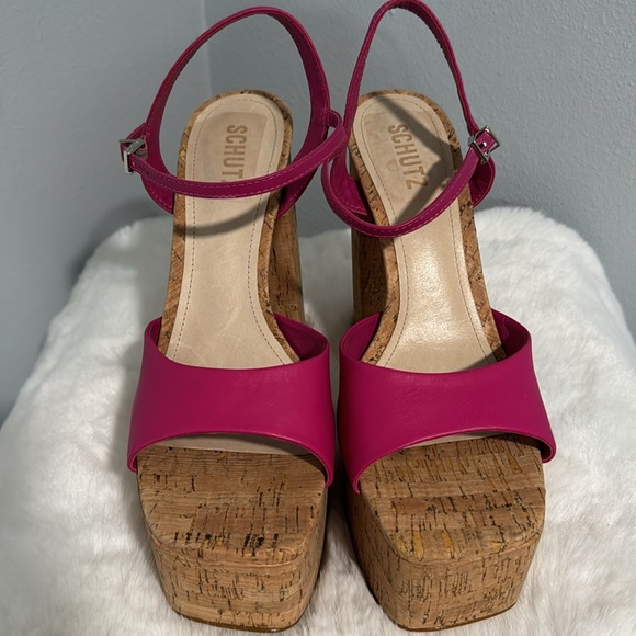 New SCHUTZ Hit Pink Fuchsia Glayce Cork Platform Sandal Heel with Ankle Strap - Picture 8 of 13